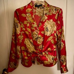 JONES NEW YORK 🌸 Red Floral Tie Shirt Blouse PM